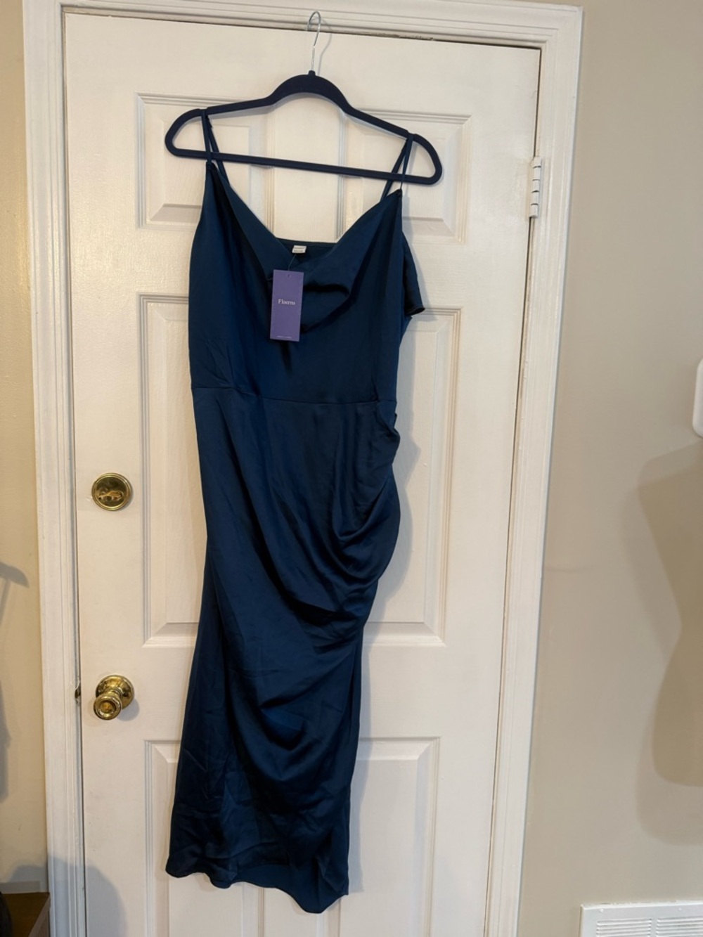 Navy Cowl Neck Midi Dress with Side Ruching